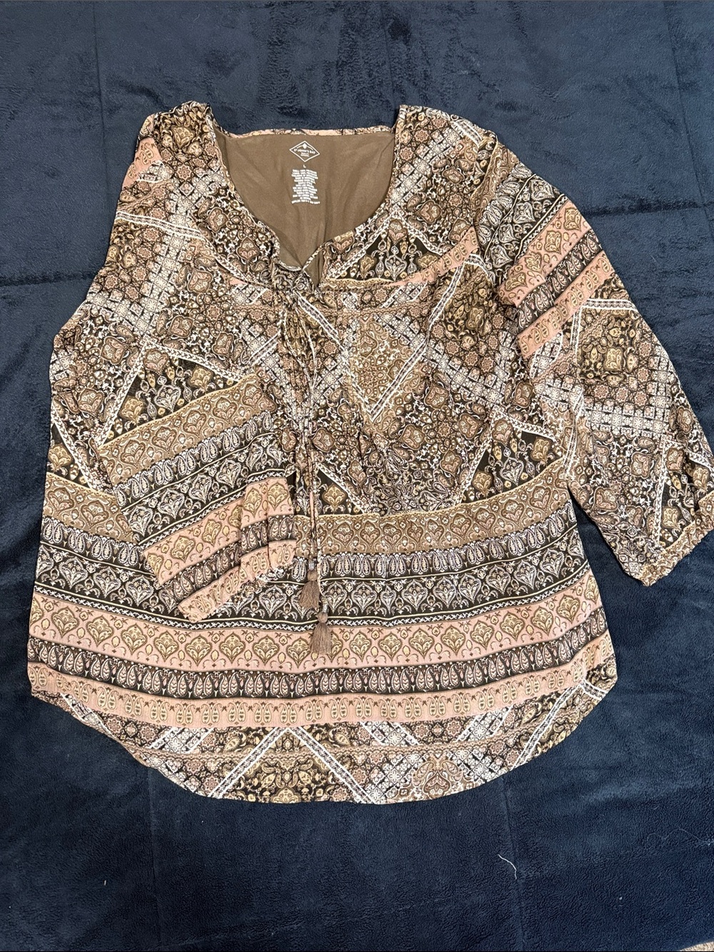 St. John's Bay Brown and Pink Patterned Tie-Front Peasant Tunic